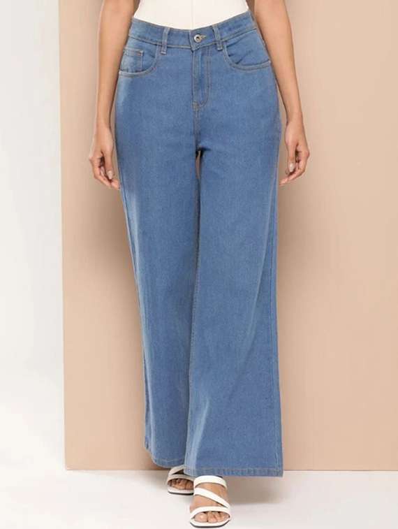 women solid high rise wide leg jeans