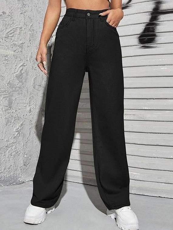 women solid high rise wide leg jeans