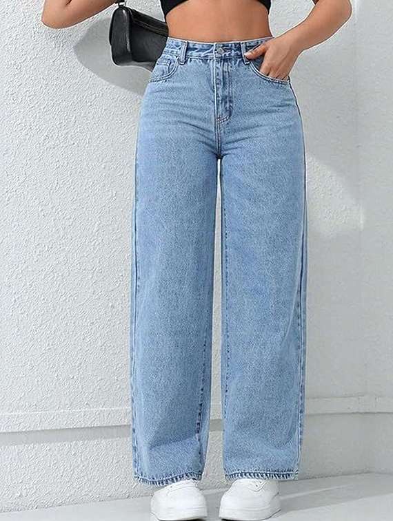 women solid high rise straight jeans