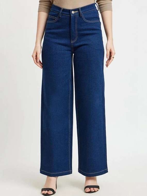 women solid high rise wide leg jeans