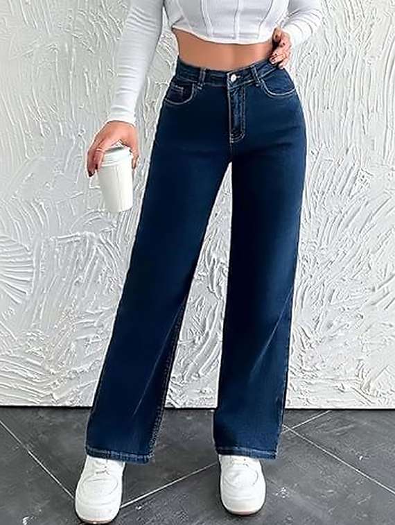women solid high rise straight jeans