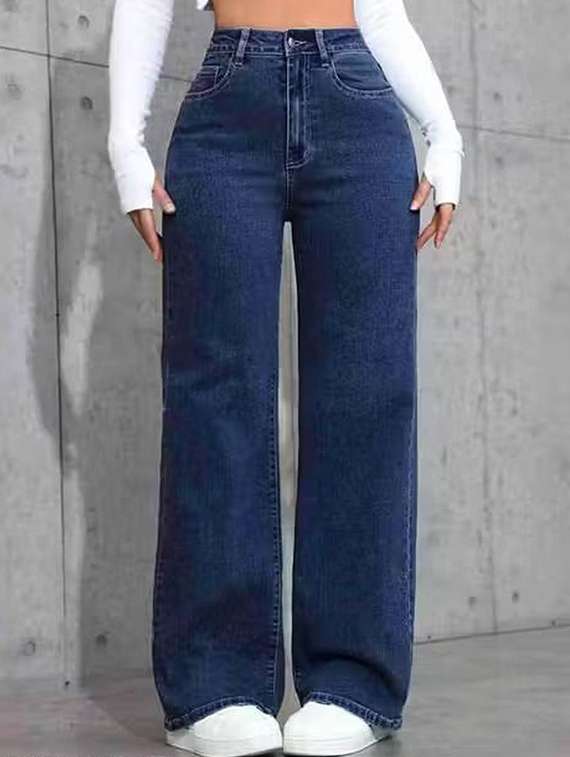 women solid high rise straight jeans