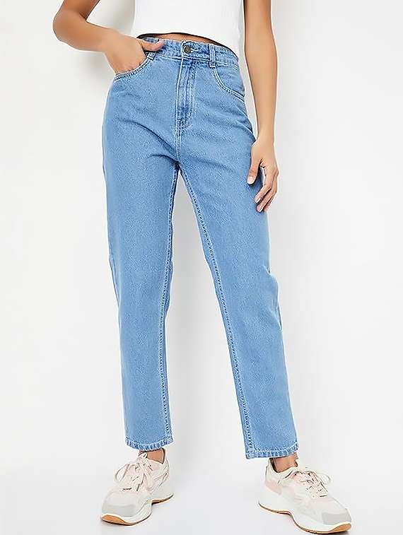 women solid high rise straight jeans