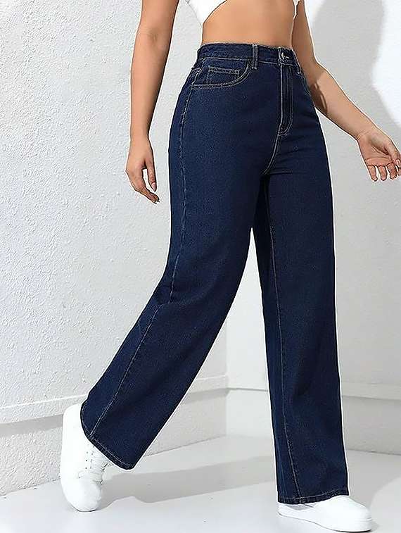 women solid high rise straight jeans