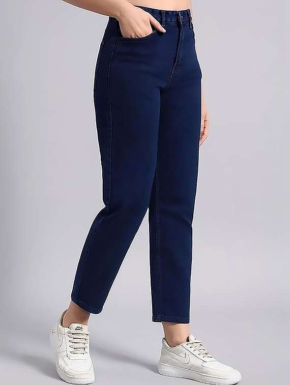 women solid high rise straight jeans