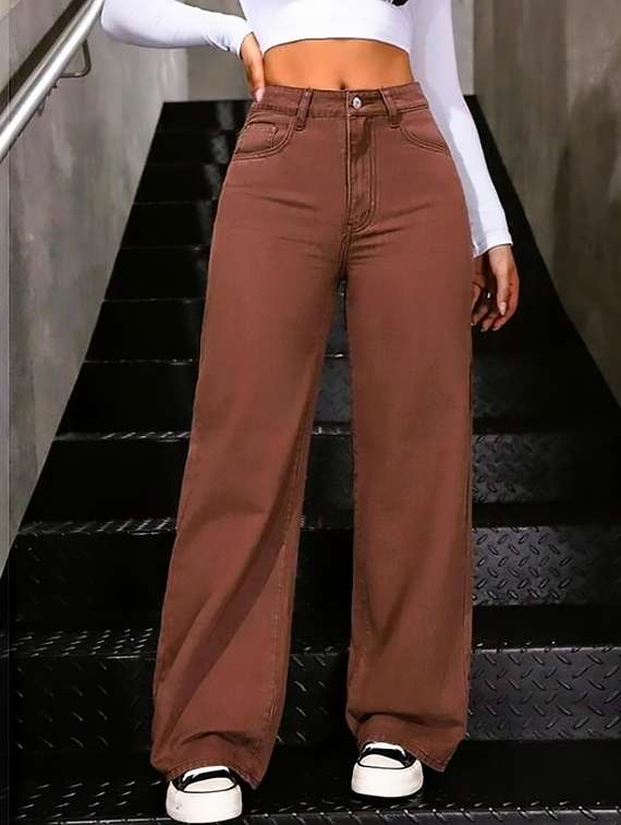 women plain high rise wide leg jeans