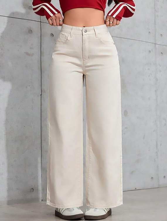 women plain high rise wide leg jeans