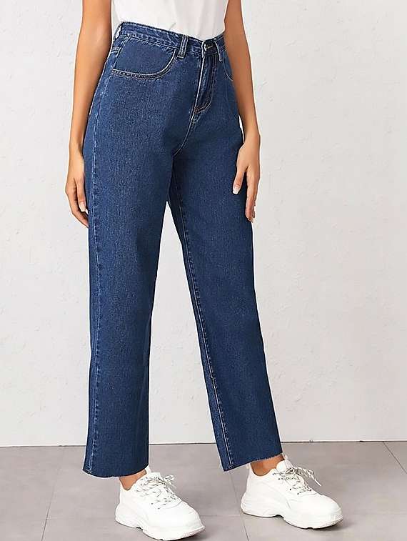 women solid high rise straight jeans