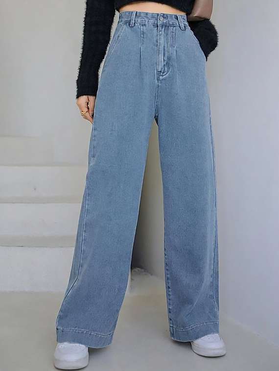 women plain high rise wide leg jeans