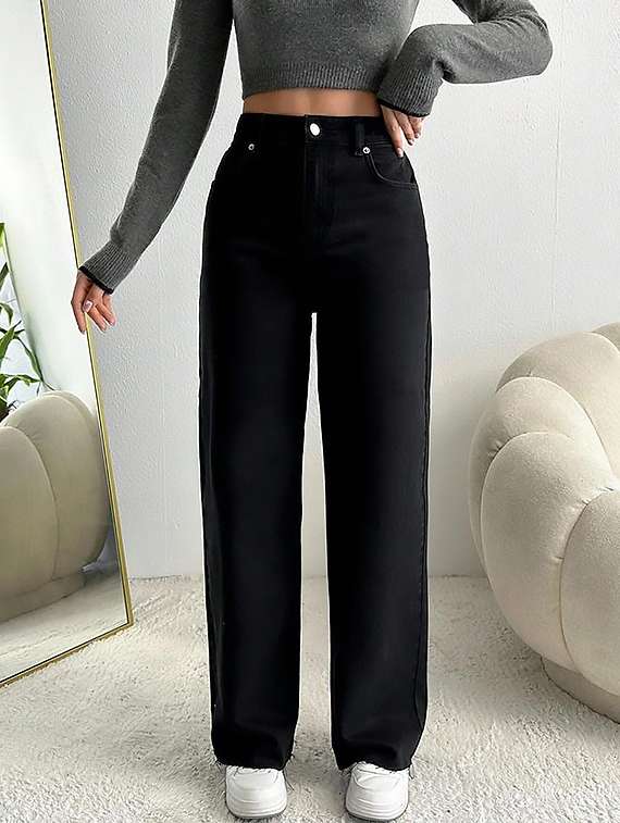women plain high rise wide leg jeans