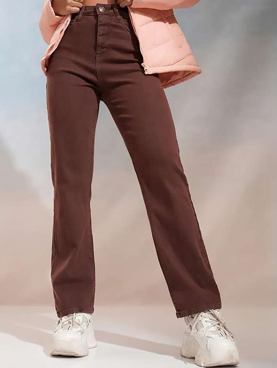 women solid high rise straight jeans