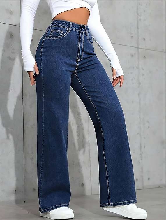 women plain high rise wide leg jeans