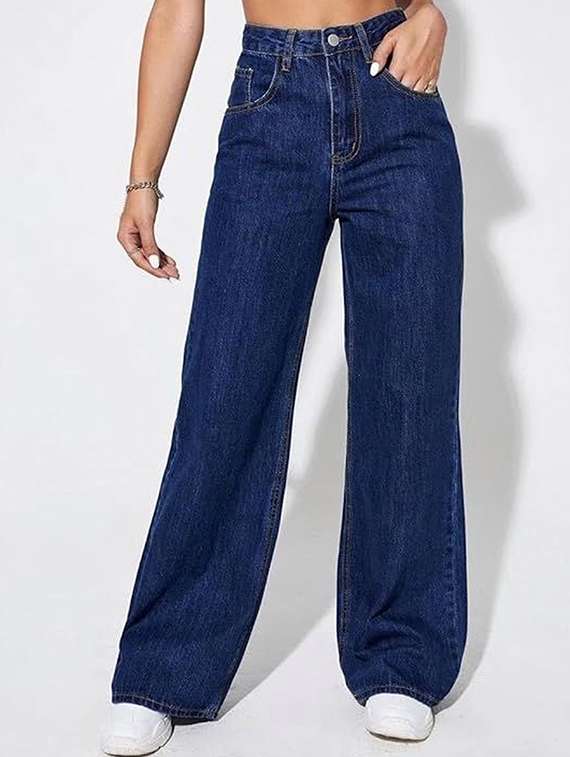 women solid high rise wide leg jeans
