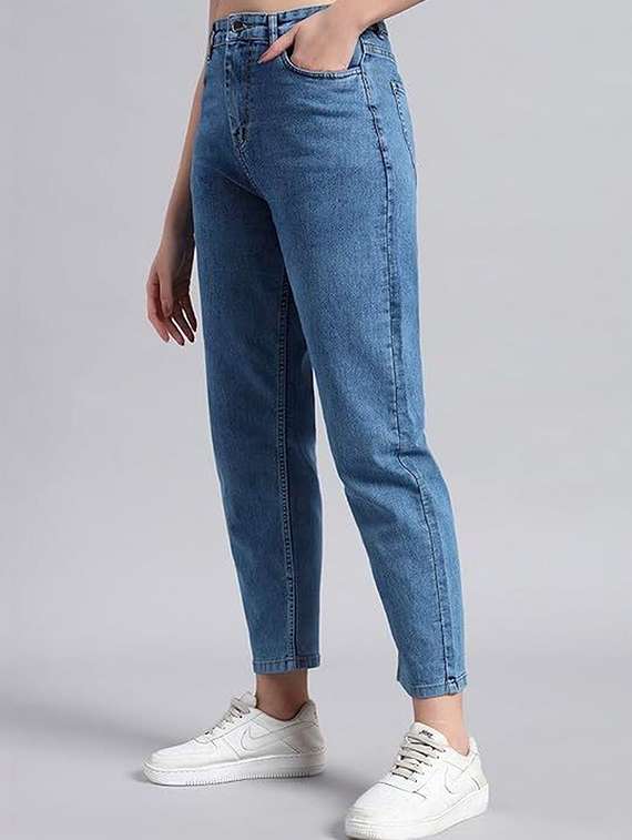 women solid high rise stright jean