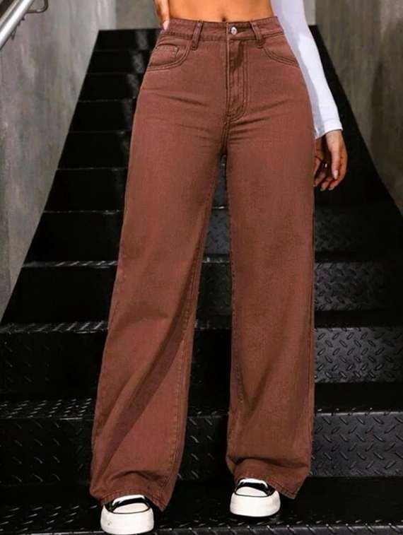 women solid high rise wide leg jean
