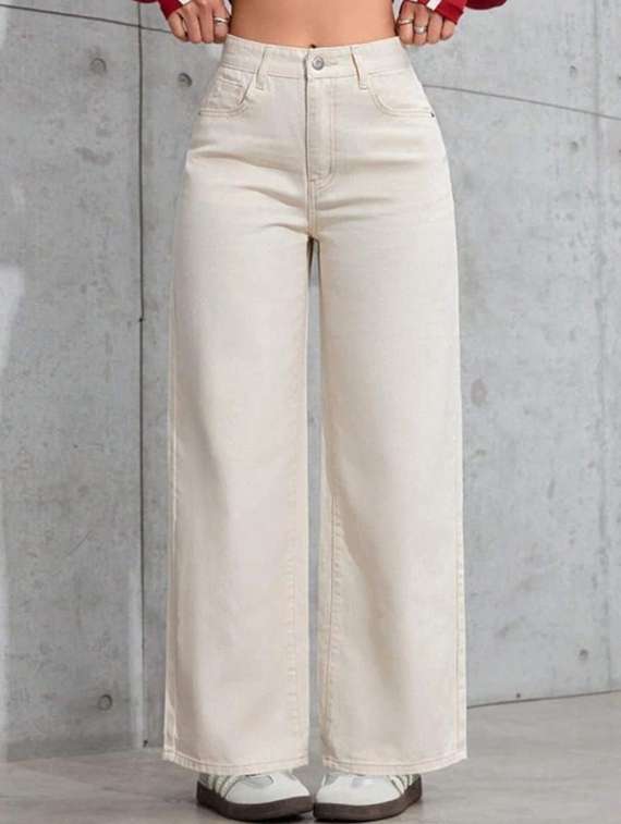 women solid high rise wide leg jean