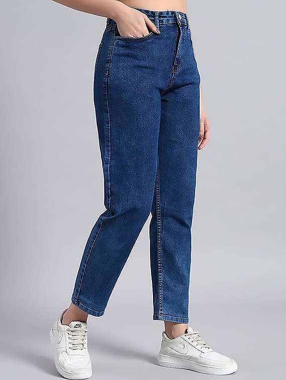 women solid high rise straight jean