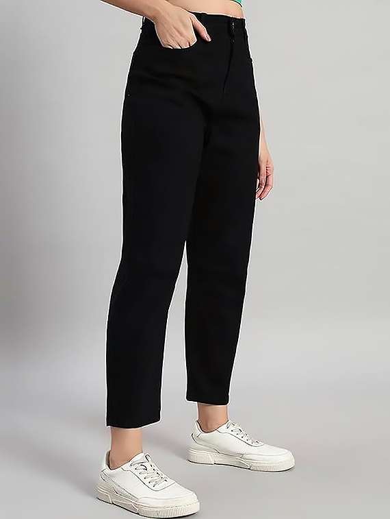 women solid high rise boyfriend fit jean