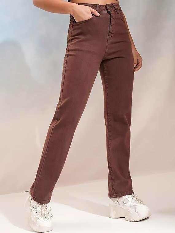 women solid high rise straight jean