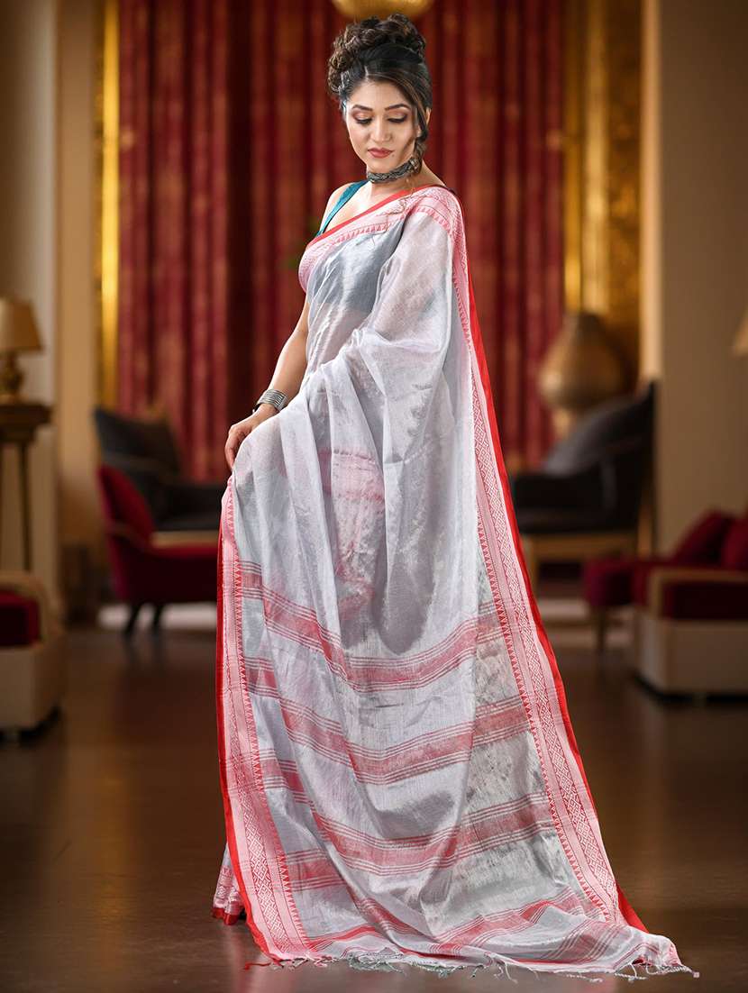 women solid with bordered handloom saree with blouse - 22319570 -  Standard Image - 5