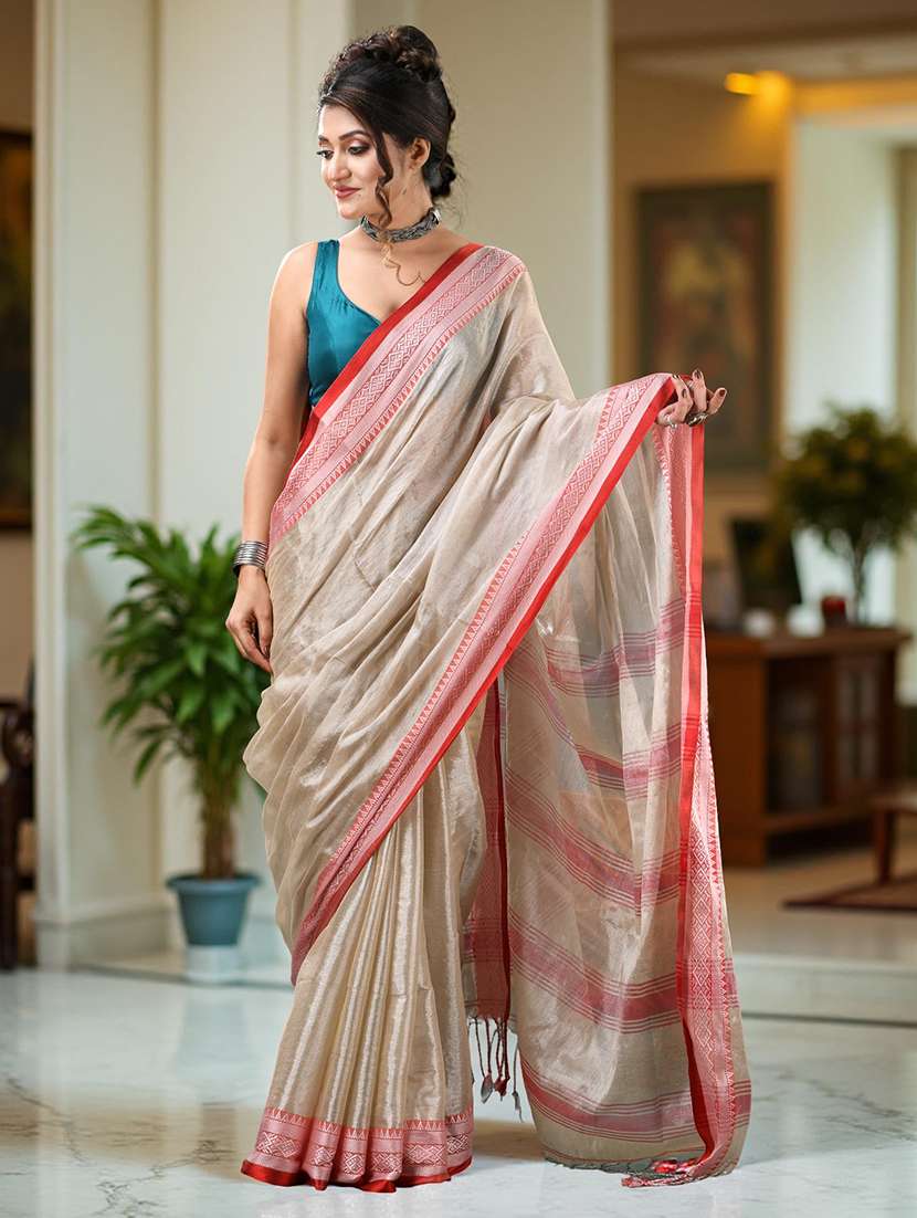 women solid with bordered handloom saree with blouse