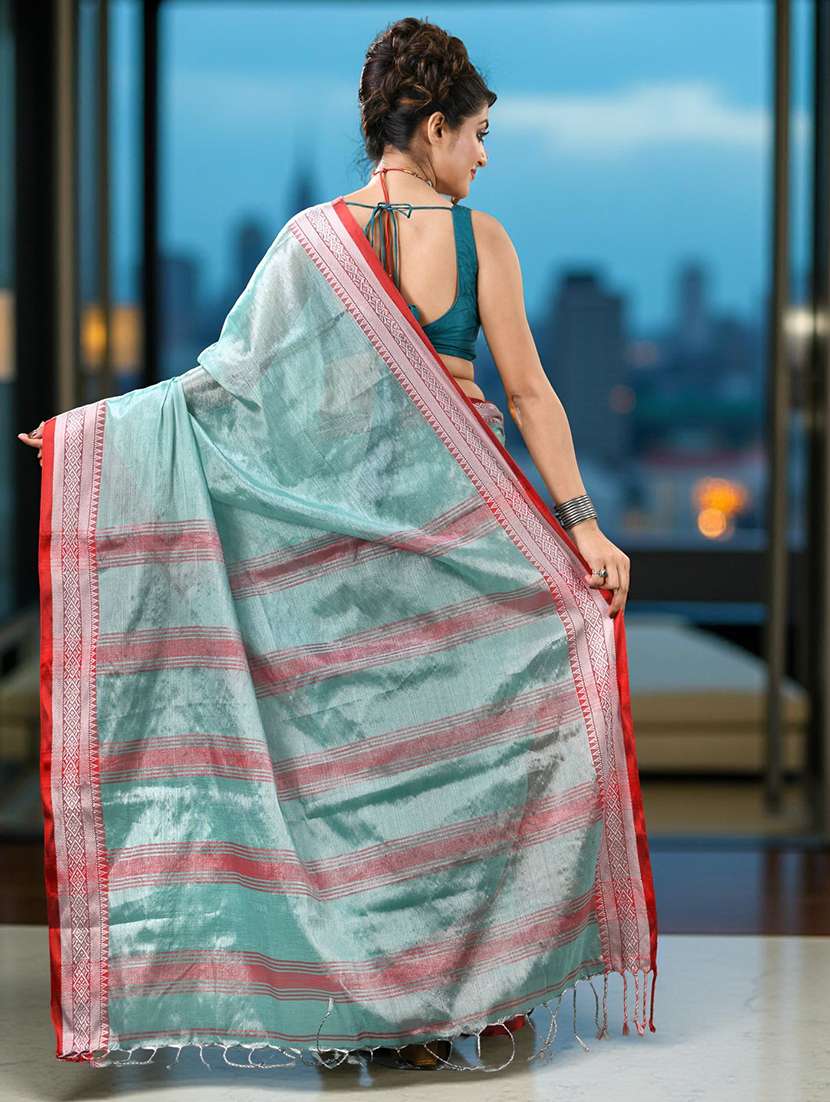 women solid with bordered handloom saree with blouse - 22319574 -  Standard Image - 5