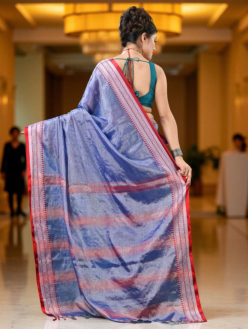 women solid with bordered handloom saree with blouse - 22319575 -  Standard Image - 3