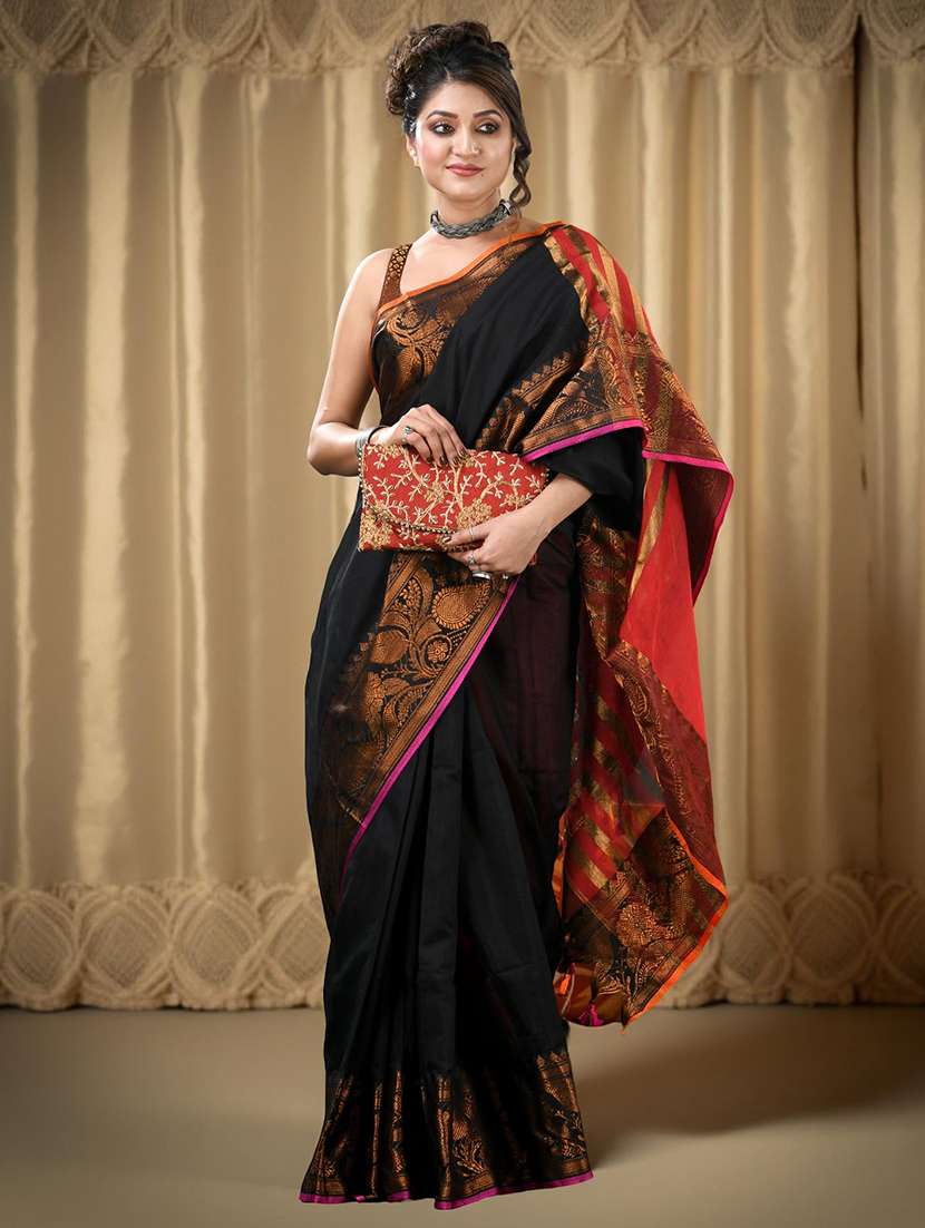 women solid with bordered handloom saree with blouse - 22319576 -  Standard Image - 5