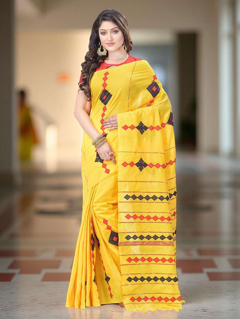 women solid with work handloom saree with blouse