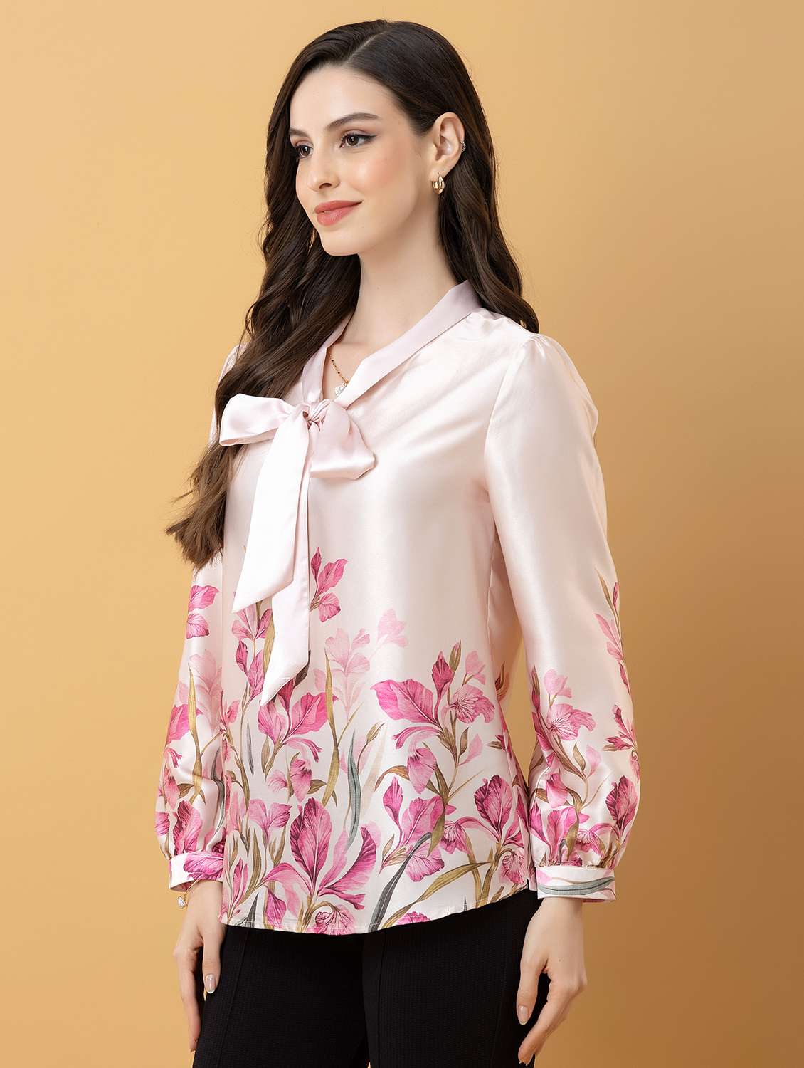 women floral print tie-ip neck long sleeve top - 22319651 -  Standard Image - 3