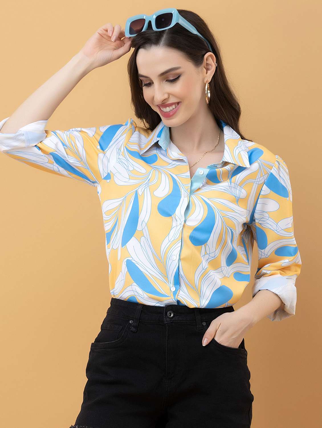 women printed collared long sleeve shirt