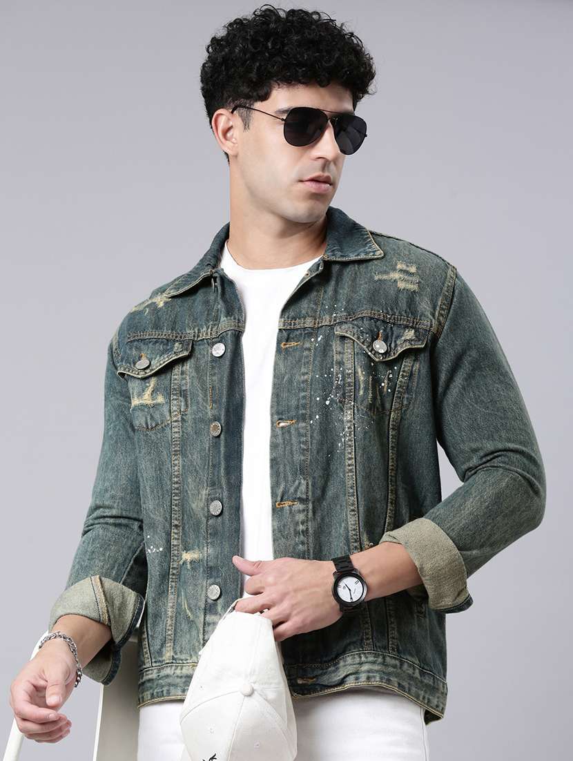 men washed long sleeve denim jacket