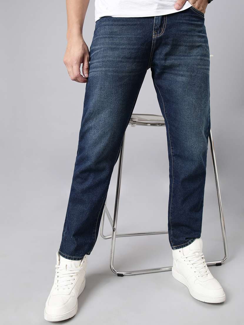 men washed mid rise full length jeans