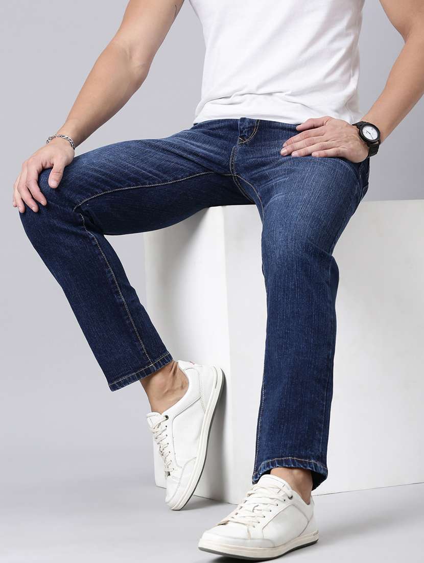 men washed mid rise full length jeans
