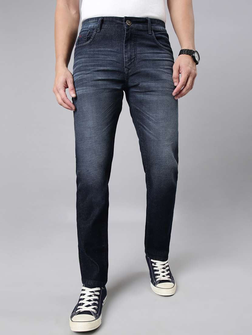 men washed mid rise full length jeans