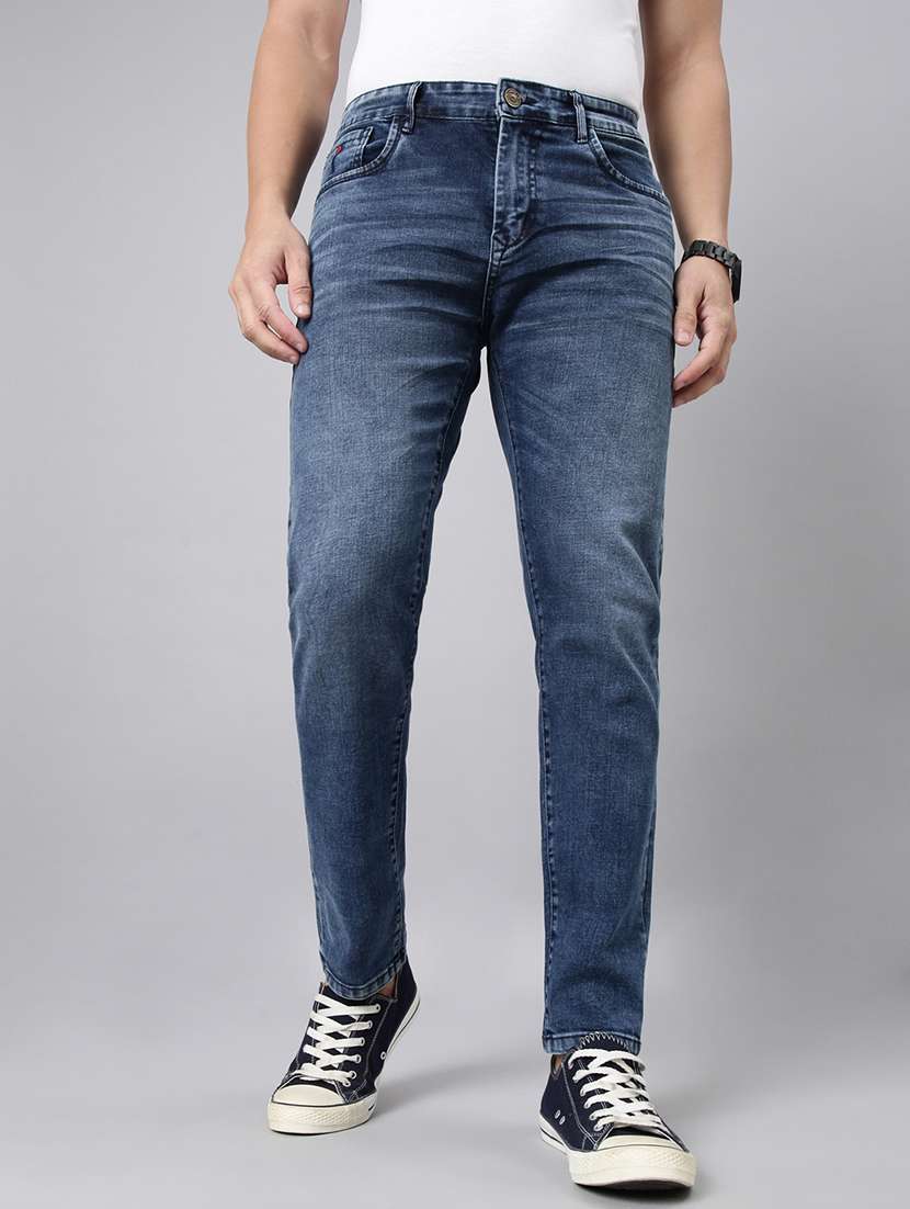 men washed mid rise full length jeans