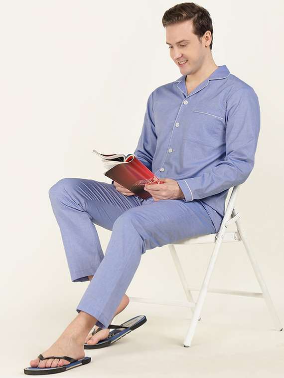 men solid long sleeve shirt & pyjamas night suit