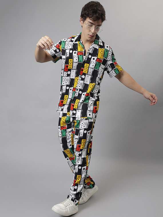 men printed collared full length co-ord set