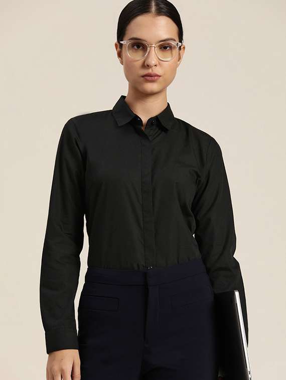 women solid collared long sleeve shirt