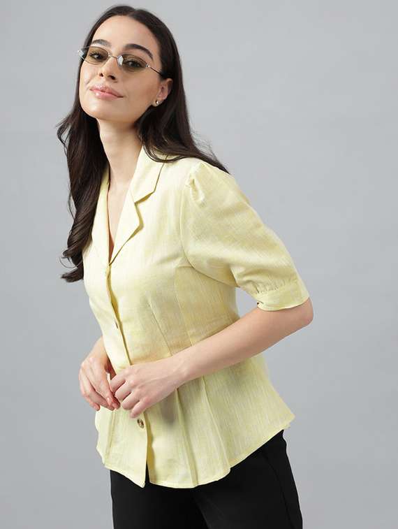 women solid lapel collar puff sleeve shirt