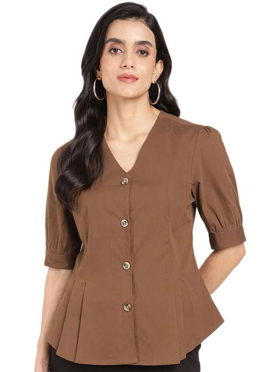 women solid lapel collar puff sleeve shirt