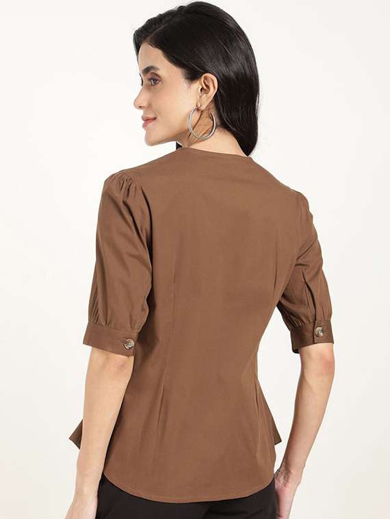 women solid lapel collar puff sleeve shirt - 22320648 -  Standard Image - 3