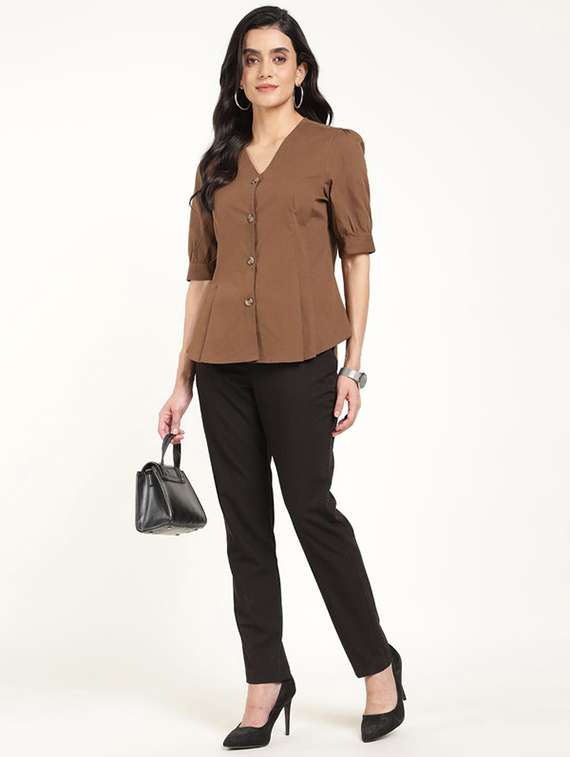 women solid lapel collar puff sleeve shirt - 22320648 -  Standard Image - 5