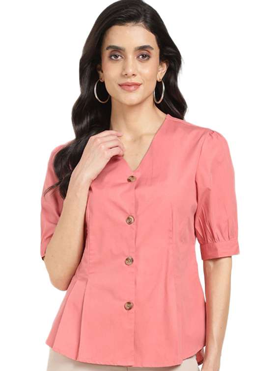 women solid v-neck puff sleeve shirt