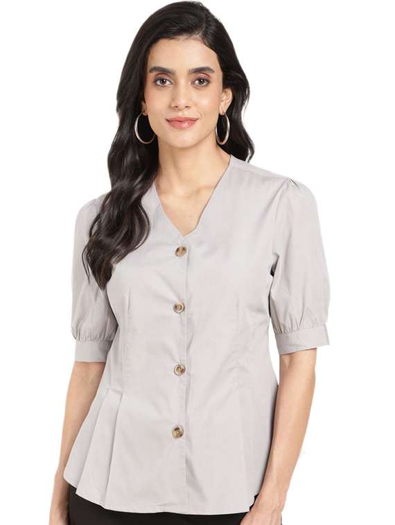 women solid v-neck puff sleeve shirt