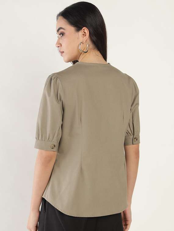 women solid v-neck puff sleeve shirt - 22320652 -  Standard Image - 3