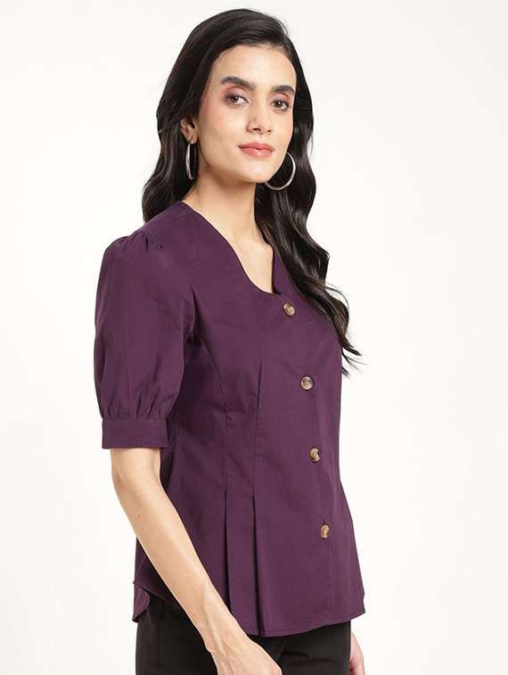 women solid v-neck puff sleeve shirt - 22320653 -  Standard Image - 3