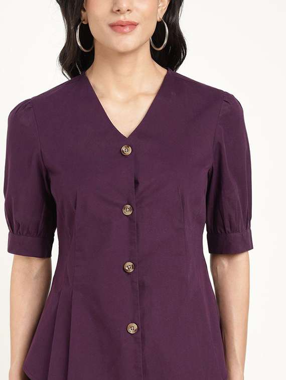 women solid v-neck puff sleeve shirt - 22320653 -  Standard Image - 5