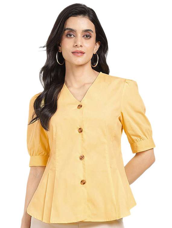 women solid v-neck puff sleeve shirt