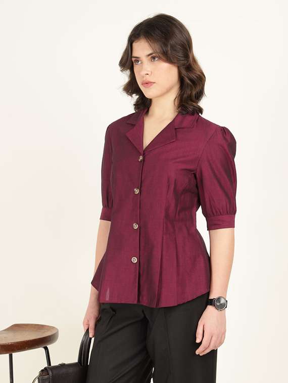 women solid lapel collar puff sleeve shirt